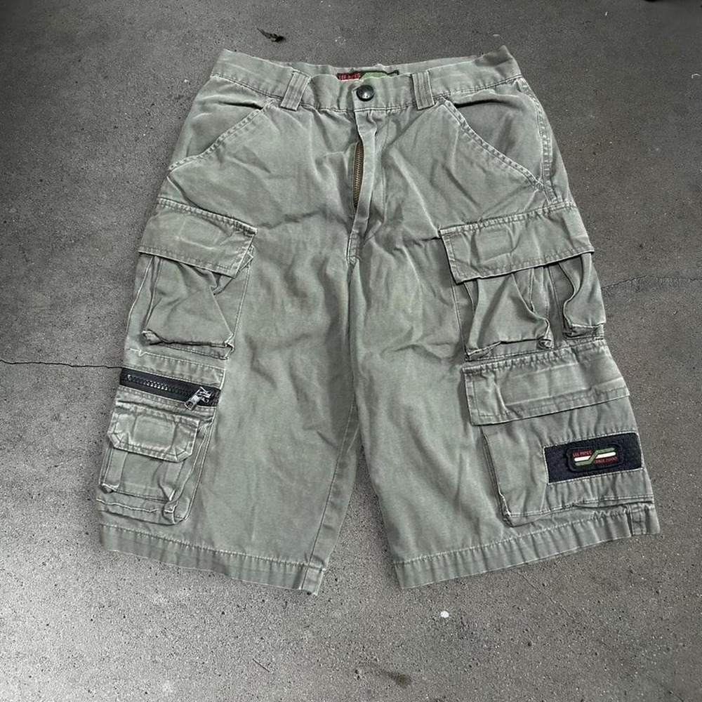 Vintage youth LEE PIPES olive green baggy long skater cargo shorts Youth L